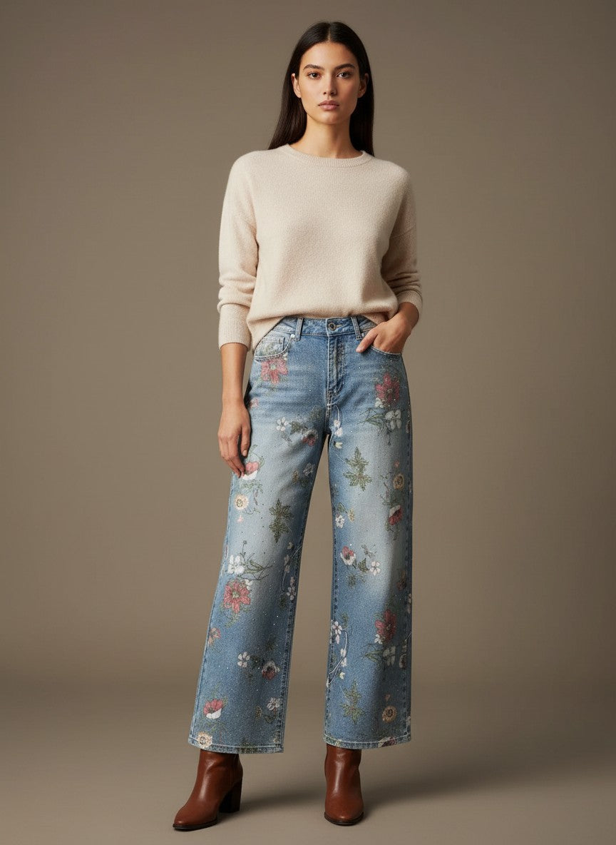Дамски сини дънки Benny Boutique с висока талия, флорален принт и кристални embellishments, представени върху модел.
