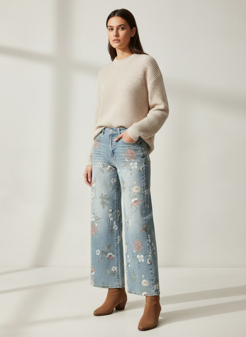 Сини дънки Benny Boutique с висока талия, флорален принт и кристални декорации, носени от модел.