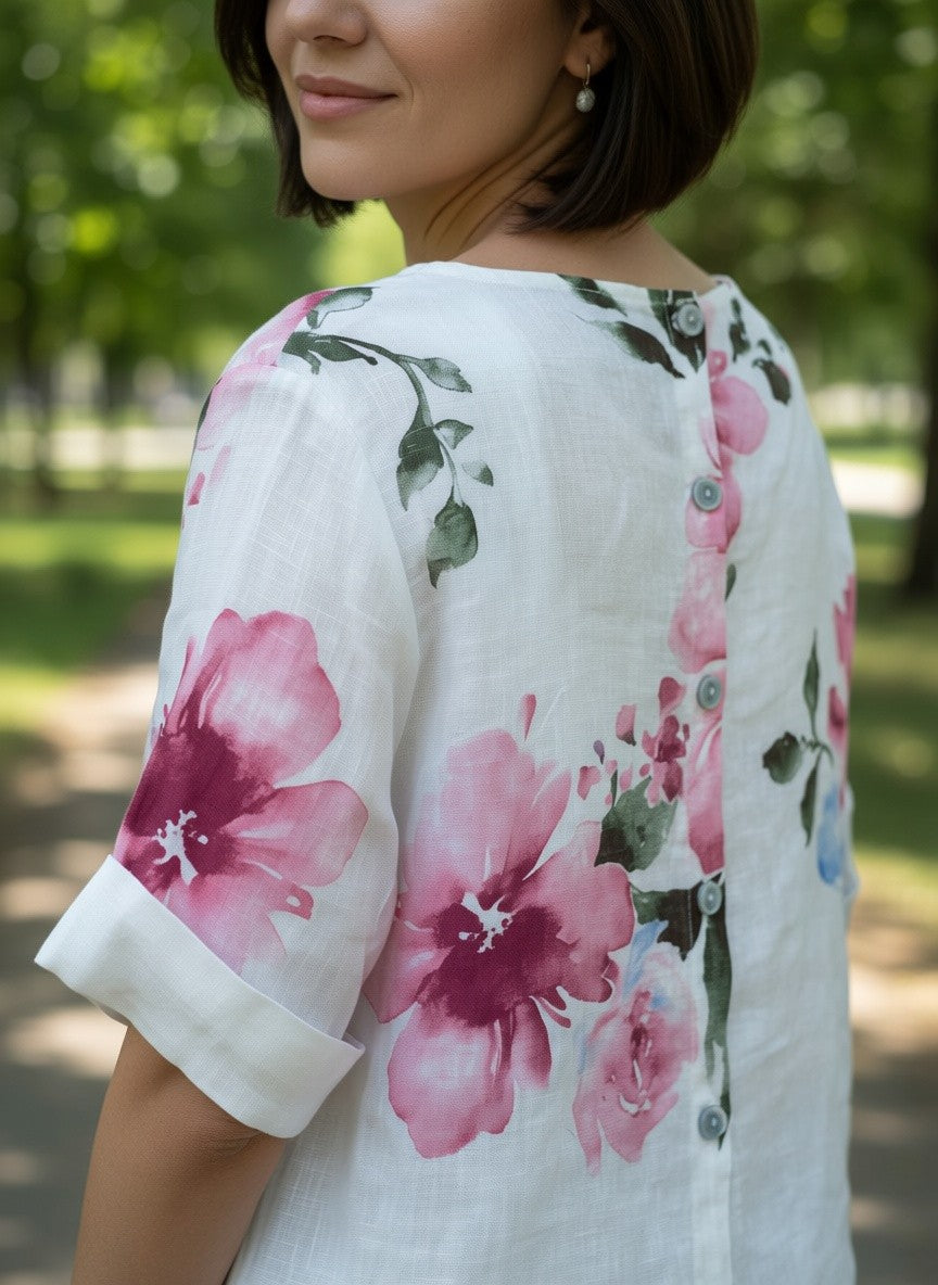 Benny Boutique бяла ленена блуза с розов флорален принт и детайл с копчета на гърба, носена от жена на открито.