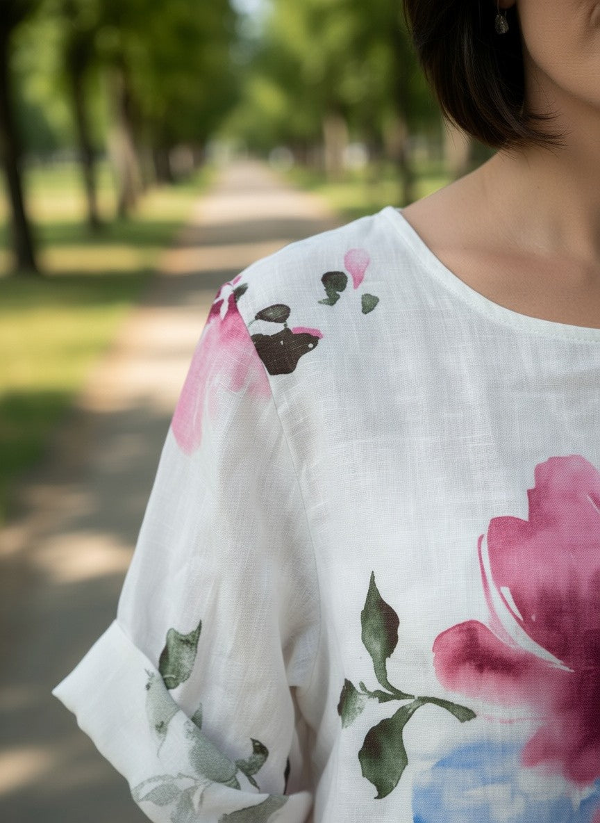 Benny Boutique свободна бяла блуза с розово-зелен флорален принт, с кръгло деколте и маншети на ръкавите.