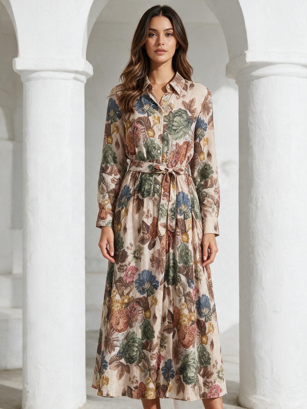 Макси рокля Benny Boutique с класическа яка, закопчаване с копчета отпред и флорален принт в маслинени, сини и земни тонове.
