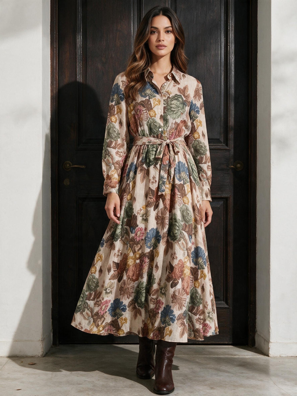 Макси рокля Benny Boutique с класическа яка, закопчаване отпред с копчета, флорален принт в маслиненозелени и сини тонове и връзка на талията.