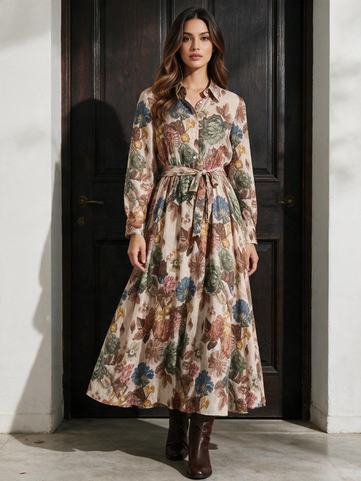 Макси рокля Benny Boutique с класическа яка, закопчаване отпред с копчета, флорален принт в маслиненозелени и сини тонове и връзка на талията.
