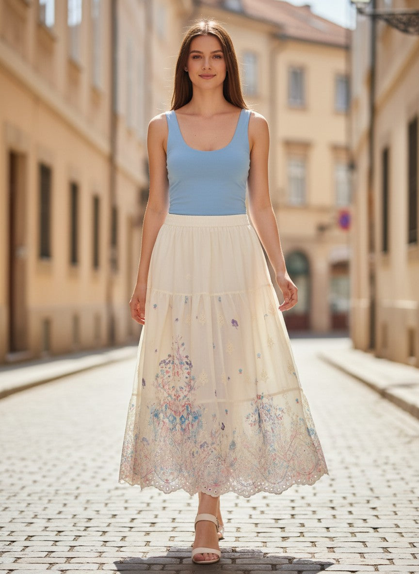 Benny Boutique макси пола с акварелен флорален принт, мотиви на пеперуди и деликатна бродерия на подгъва.