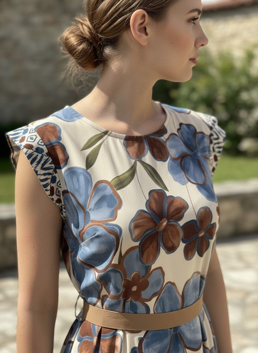 Миди рокля Benny Boutique със синьо-кафяв флорален принт, кап ръкави и кафяв колан в талията, носена от жена.