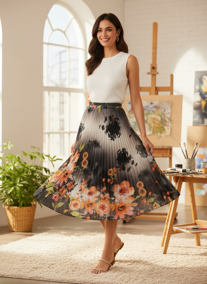 Benny Boutique pleated midi skirt with a dark background and large coral, peach, and green floral print. Elastic waist.