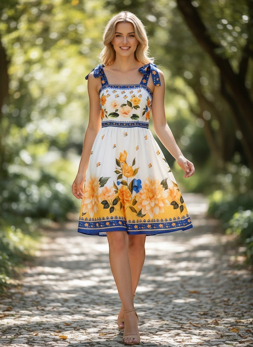 Benny Boutique летна рокля с флорален принт, с връзки на раменете в синьо и жълти и оранжеви цветя на бял фон, носена от усмихнат модел.