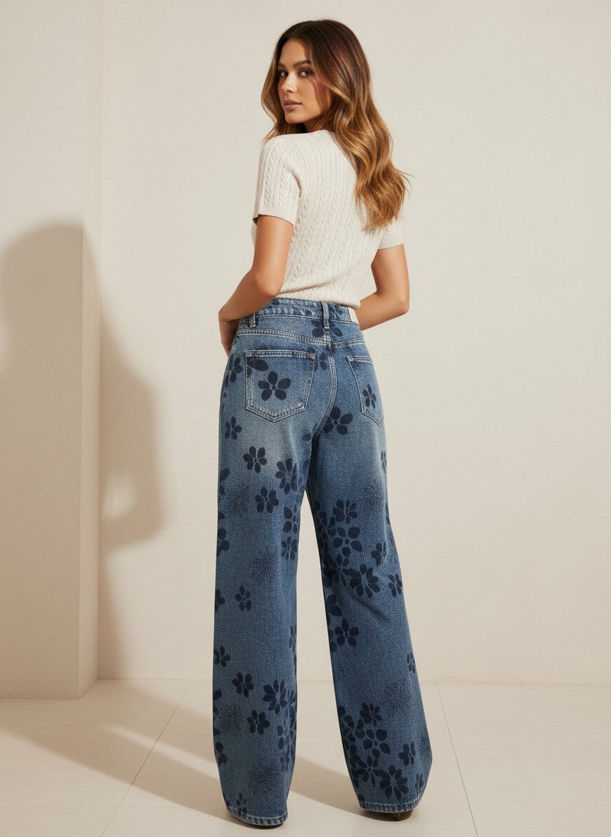 Широки сини дънки Benny Boutique с тъмен флорален принт, показани в гръб.