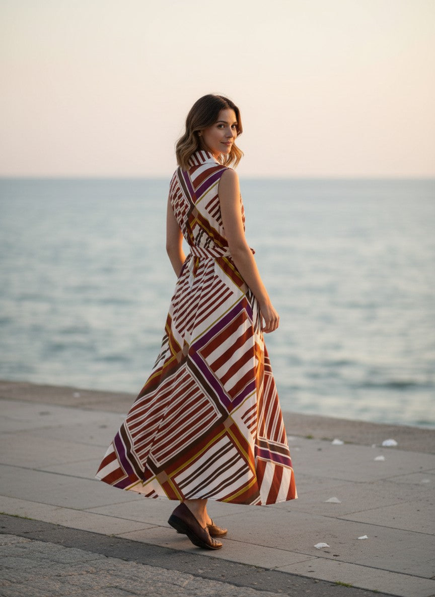 Benny Boutique памучна рокля макси с геометричен десен и колан в талията, носена от жена край морето при залез.