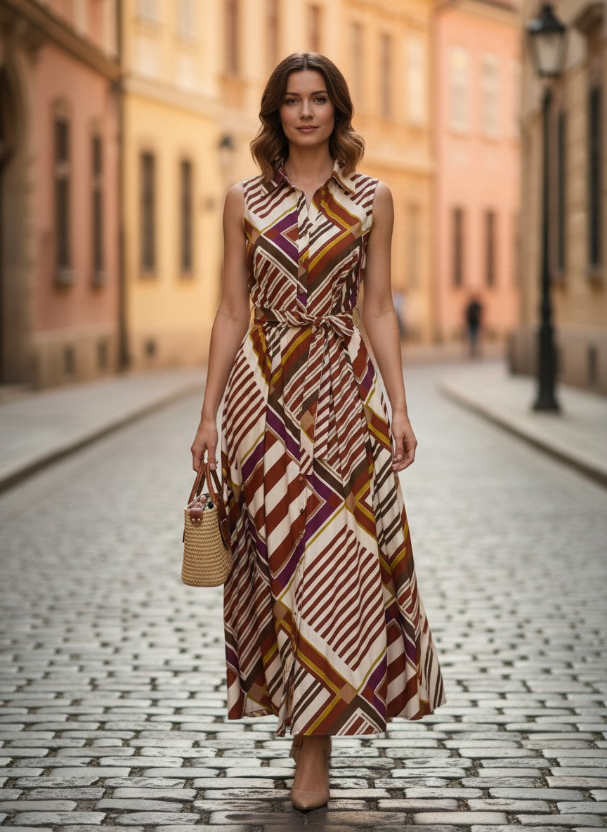 Benny Boutique рокля от памук без ръкави, макси дължина, геометричен десен и колан в талията, носена от жена на калдъръмена улица.