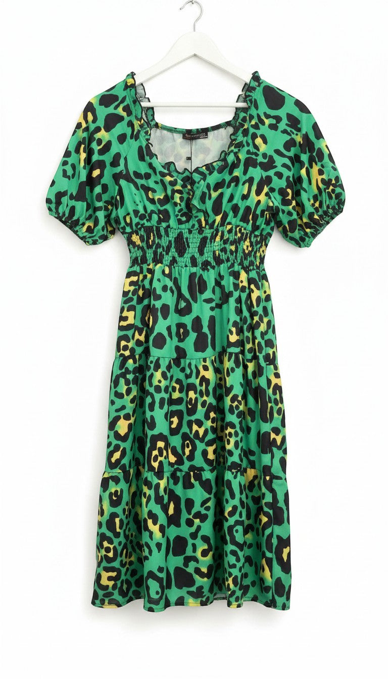 Benny Boutique green leopard print midi dress with elasticated waist, puff sleeves, and tiered skirt.