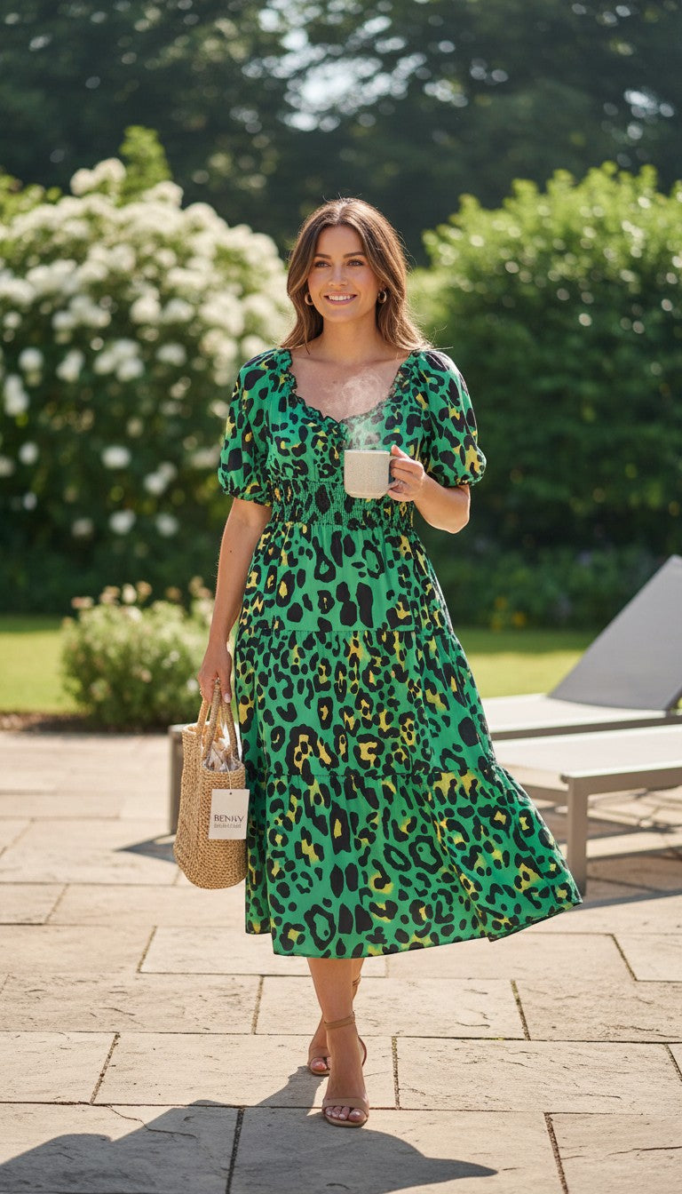 Benny Boutique green leopard print midi dress with elasticated waist, puff sleeves, and tiered skirt.