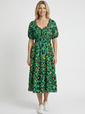 Benny Boutique green leopard print midi dress with elasticated waist, puff sleeves and tiered skirt.