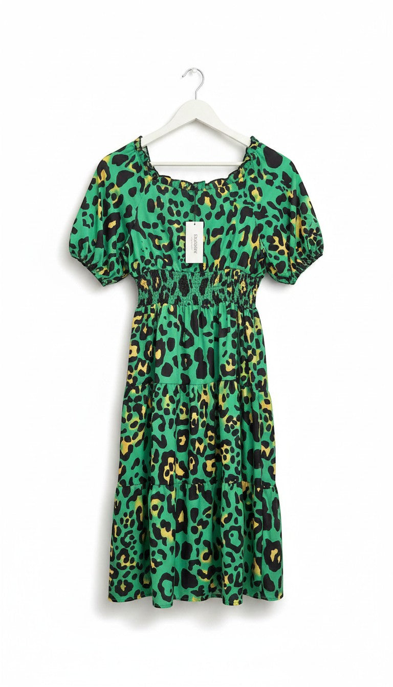 Benny Boutique green leopard print midi dress with elasticated waist, puff sleeves and tiered hem.
