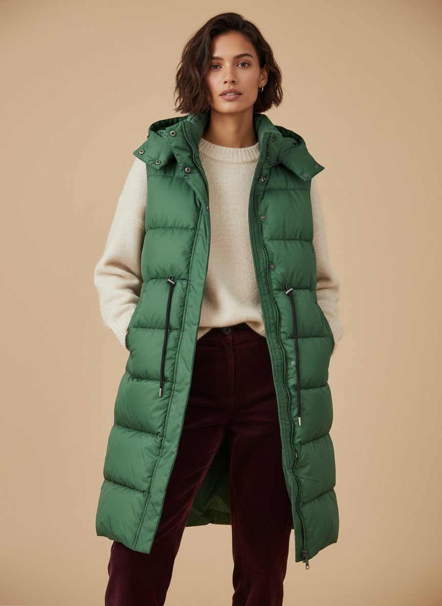 Дълга зелена ватирана грейка Benny Boutique с подвижна качулка, носена от жена върху бежов пуловер.