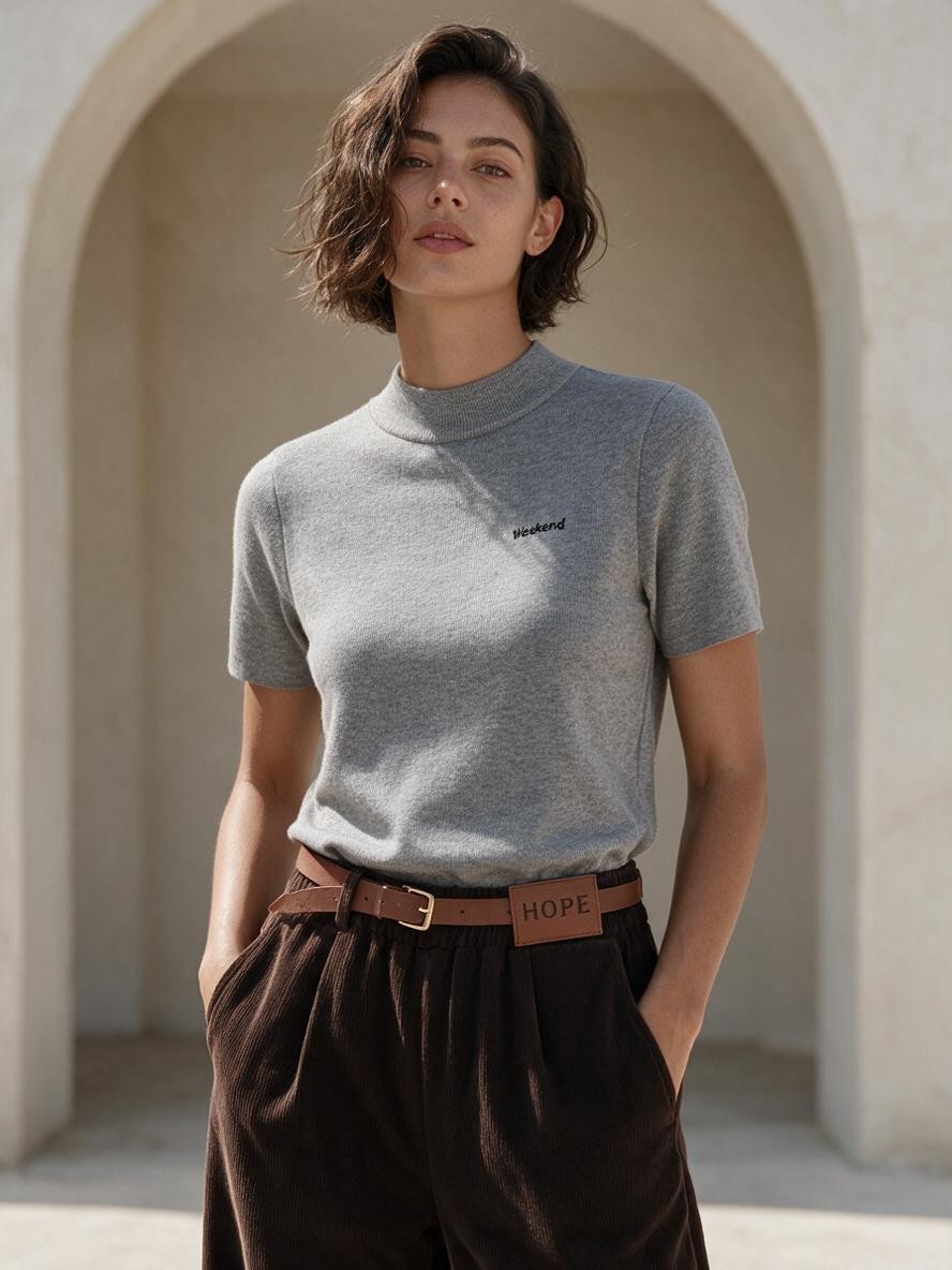 Сива рипсена плетена блуза Benny Boutique с къс ръкав, висока яка и бродерия „Weekend“ на гърдите.