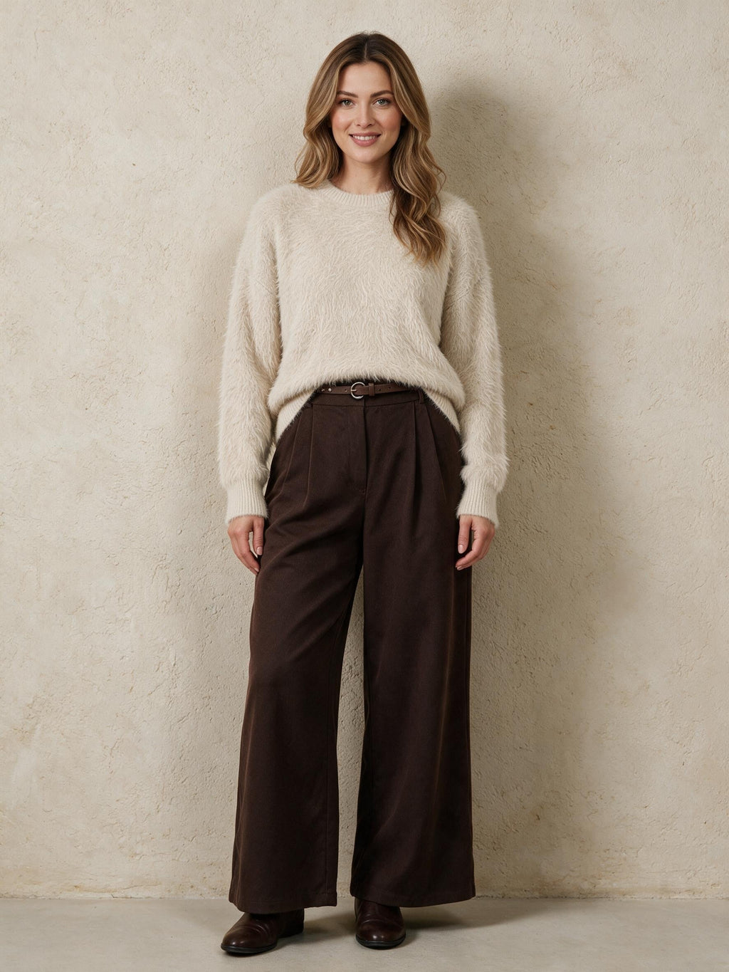 Кафяв панталон Benny Boutique с висока талия и широки крачоли, с тънък колан, съчетан с бежов пухкав пуловер, облечен от модел.