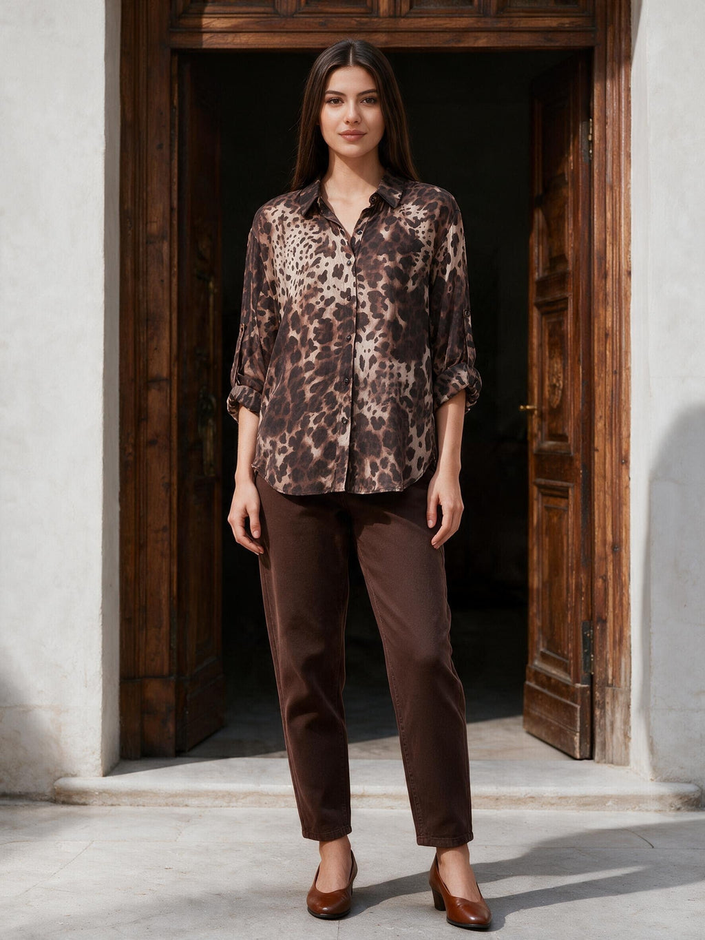 Свободна риза Benny Boutique с леопардов принт, класическа яка и дълги ръкави, облечена от жена.