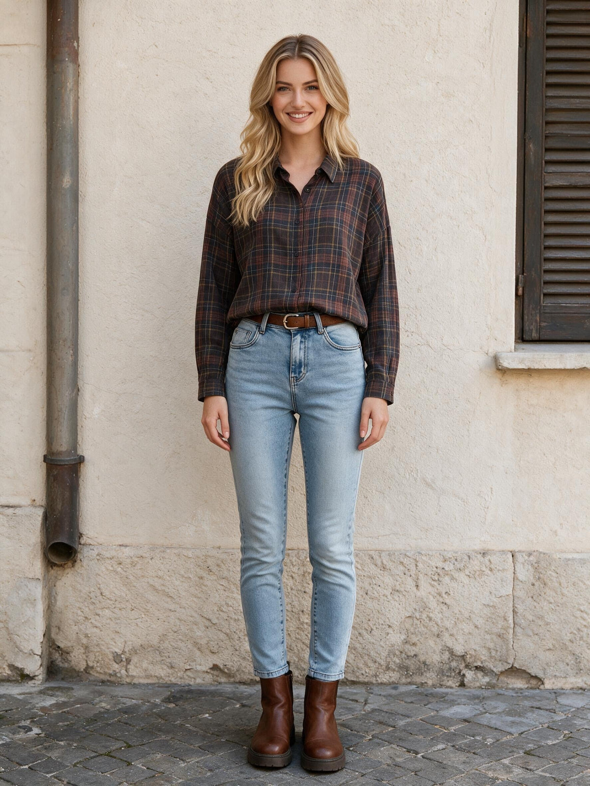 Светлосини дънки Benny Boutique със слим кройка и избелял ефект, облечени от жена в карирана риза и кафяви боти.