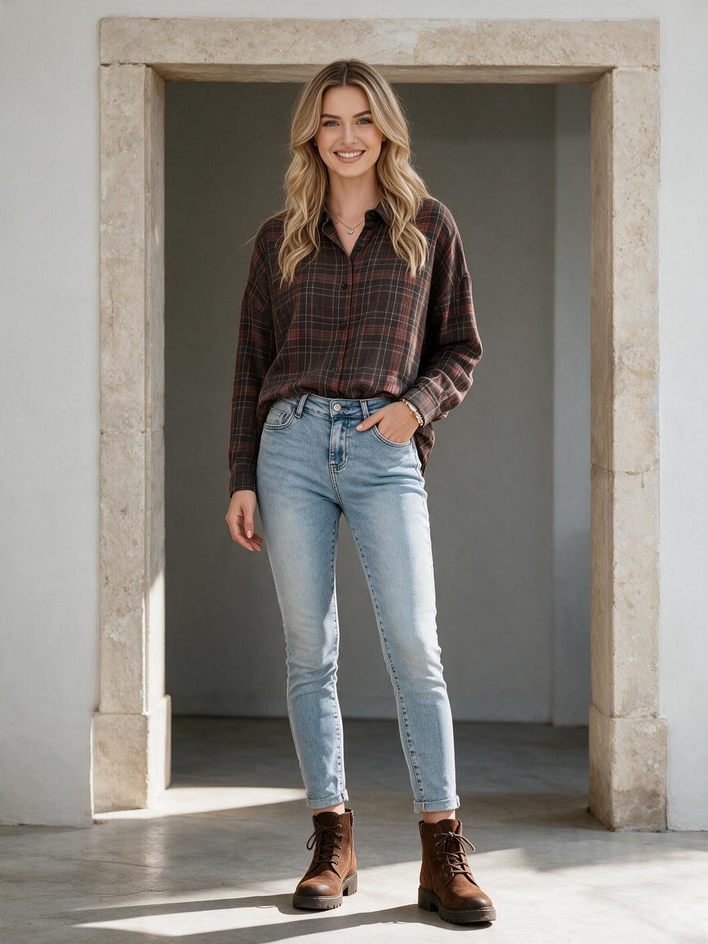 Светлосини тесни дънки Benny Boutique с избелял ефект, облечени от русокос модел с карирана риза и кафяви боти.