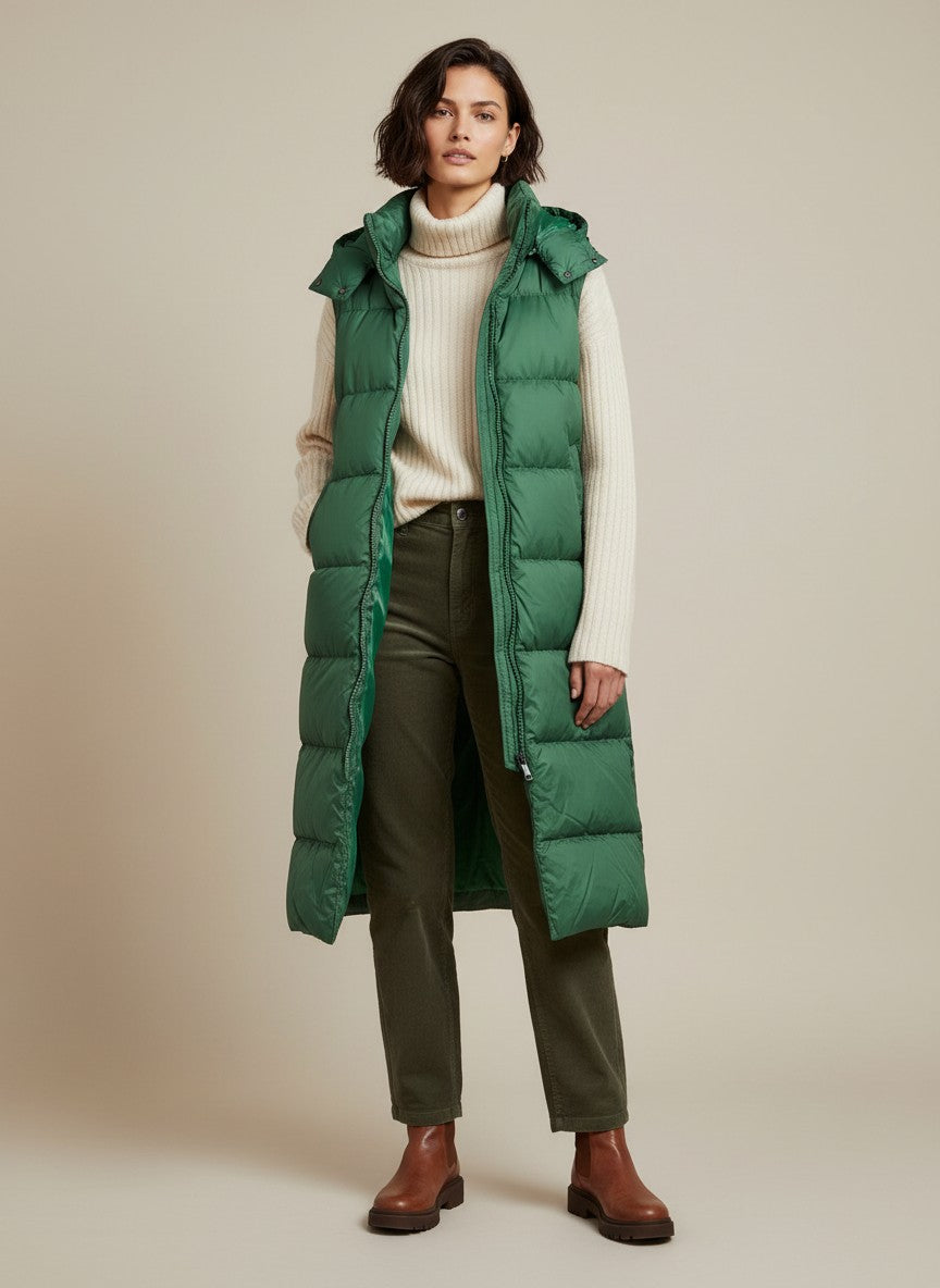Дълга зелена ватирана грейка Benny Boutique с подвижна качулка, носена от модел върху кремав пуловер и панталон.