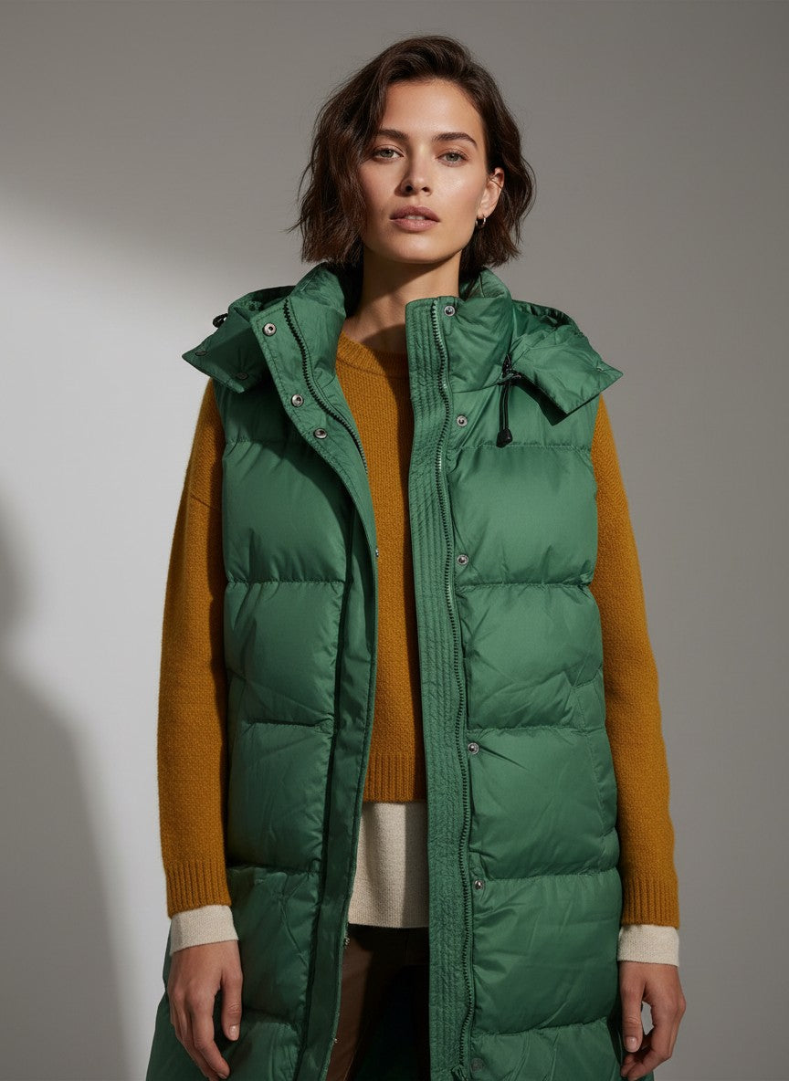 Дълъг зелен ватиран елек Benny Boutique с подвижна качулка, носен върху горчичен пуловер.