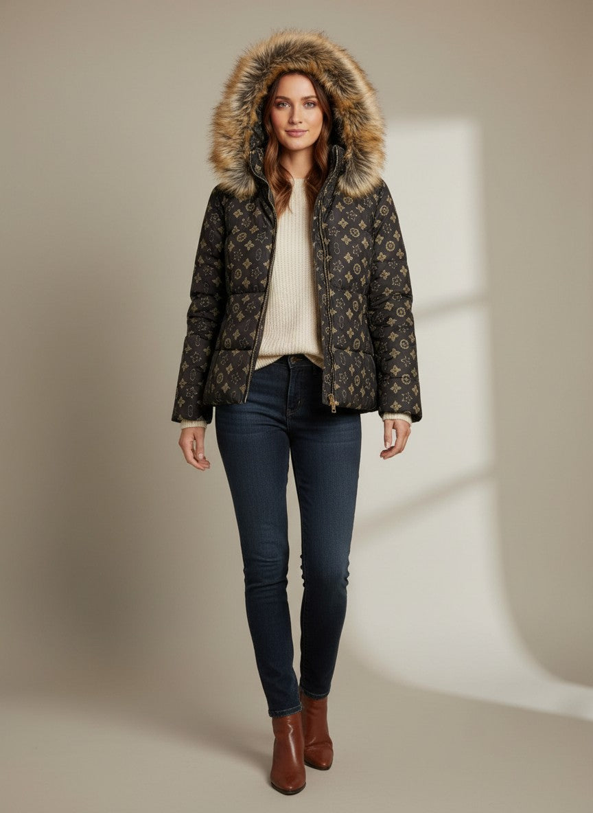 Кафяво яке тип „пухенка“ Benny Boutique с монограм и подвижна качулка от изкуствена кожа, носено от жена с дънки и ботуши.