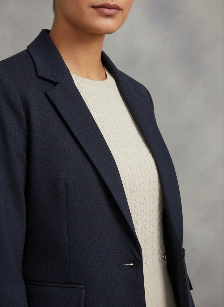 Тъмносин еднореден блейзър Benny Boutique с яка с ревери и предни джобове с капаци, носен върху кремав пуловер.