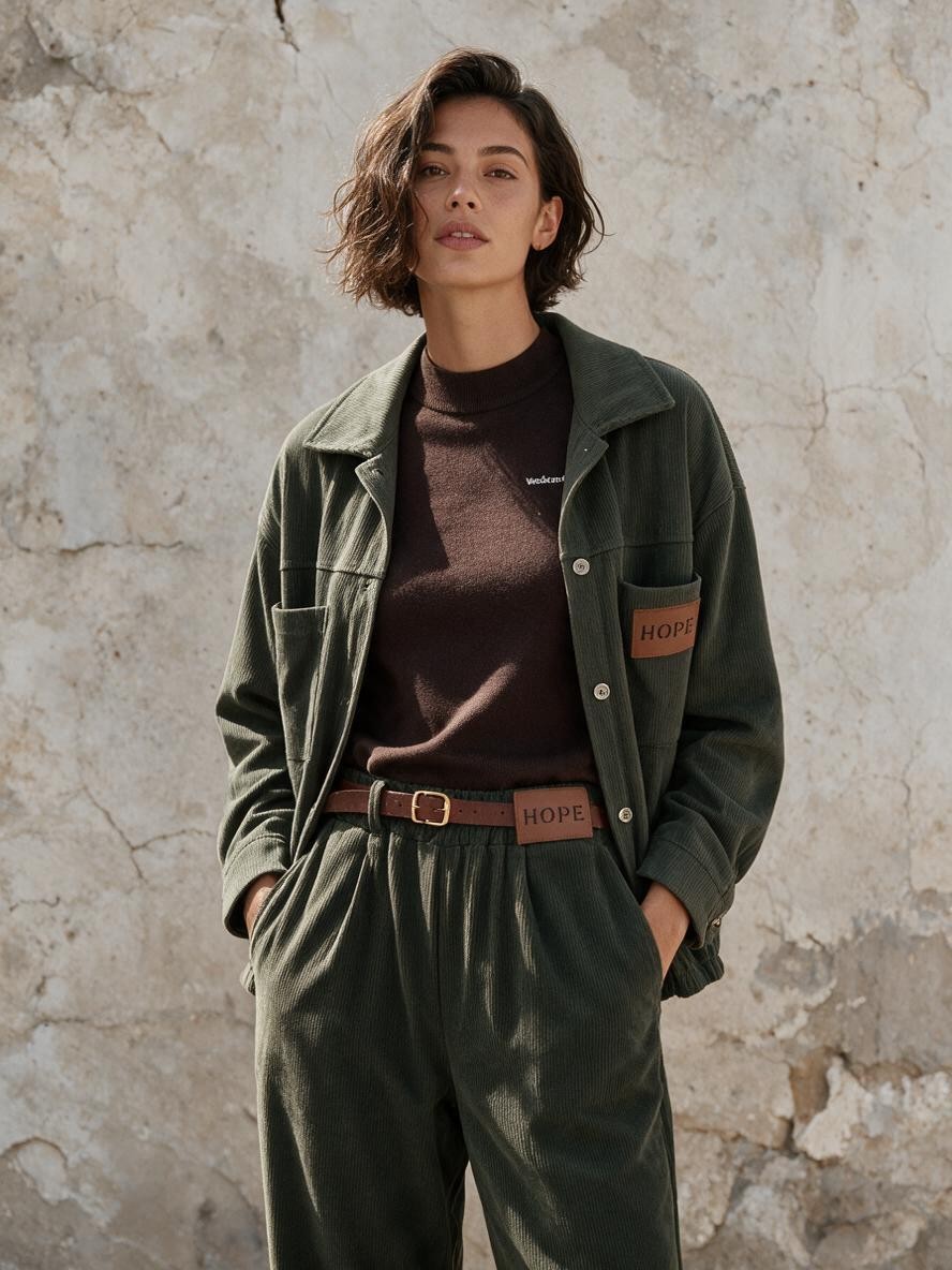 Маслиненозелено кадифено яке Benny Boutique с широка яка, закопчаване с копчета и големи предни джобове, представено върху модел.