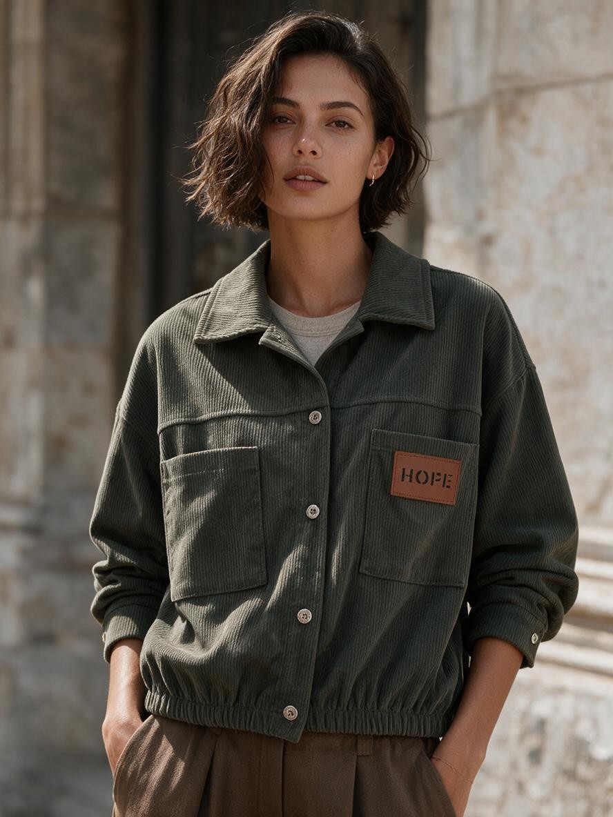 Маслиненозелено кадифено яке Benny Boutique с широка яка, предни джобове и нашивка с надпис „Hope“, носено от жена.