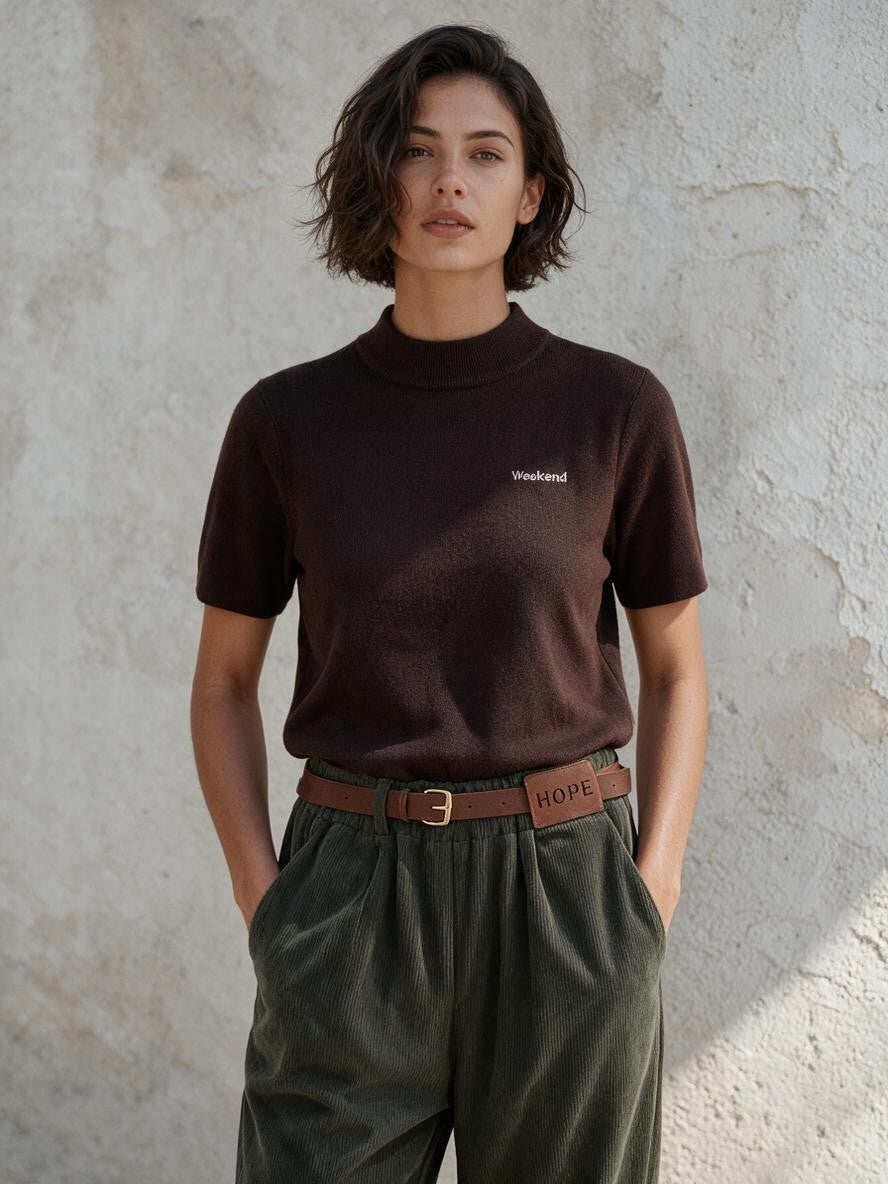 Маслиненозелен широк панталон Benny Boutique от рипсено кадифе, с еластична талия и кафяв кожен колан.