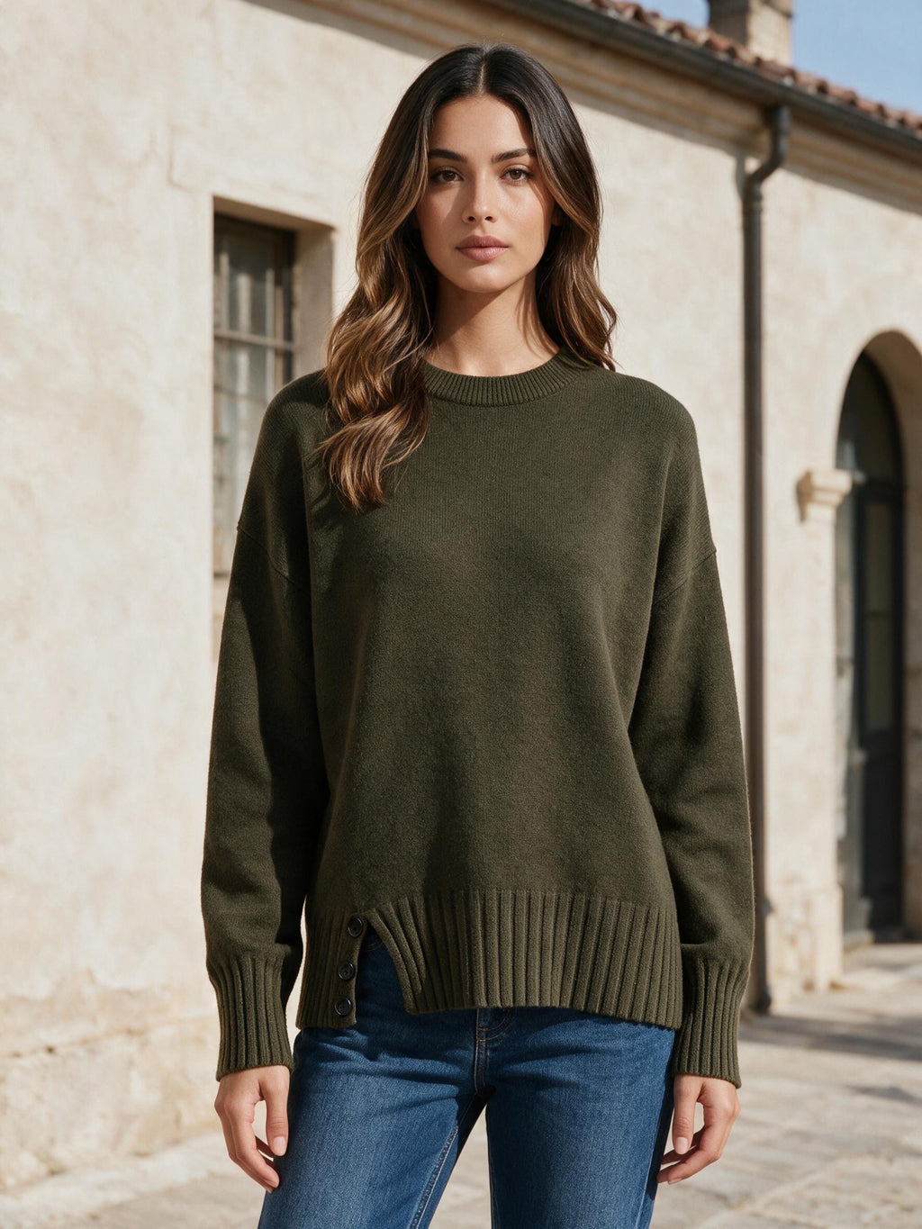 Маслиненозелен свободен пуловер от Benny Boutique със странични копчета и обло деколте, облечен от жена на открито.