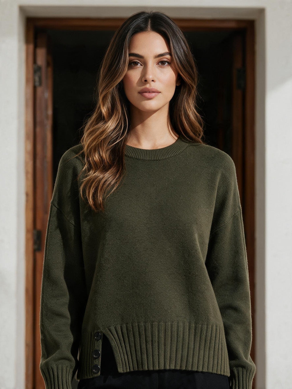 Маслиненозелен свободен пуловер от Benny Boutique с обло деколте и черни странични копчета, облечен на модел.