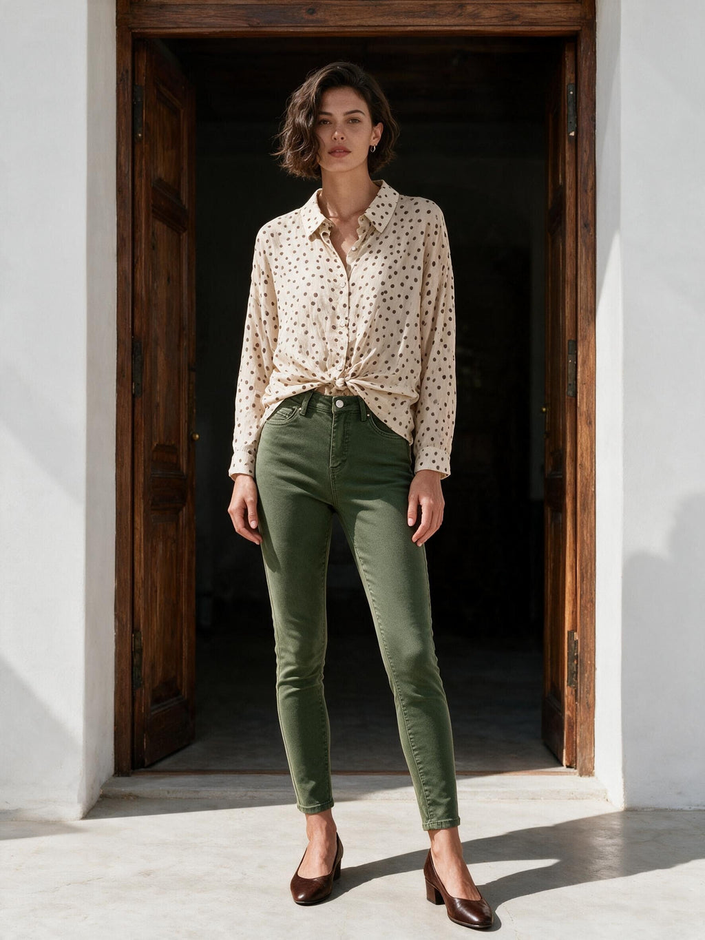 Маслиненозелени дънки Benny Boutique с прилепнала кройка и висока талия, облечени от модел с блуза на точки и кафяви обувки на ток.