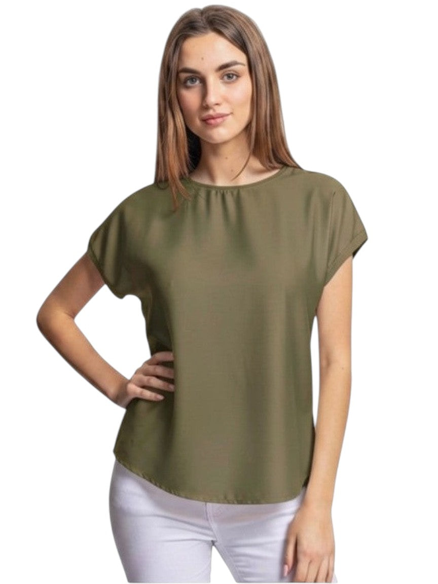 Benny Boutique блуза със сатенен ефект, къси ръкави, с кръгло деколте и свободна кройка.
