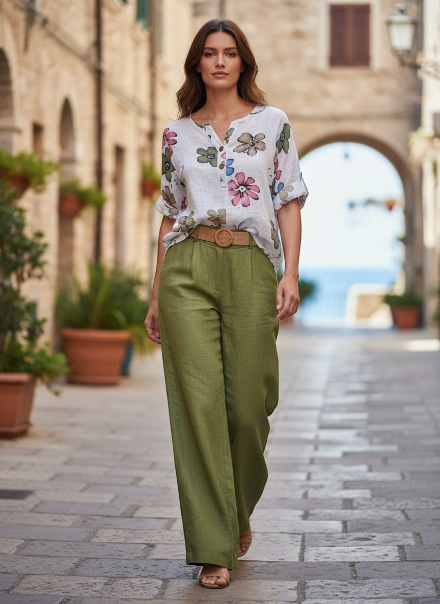 Маслинено зелени широки панталони от вискоза на Benny Boutique с оплетен колан, носени от модел на калдъръмена улица.