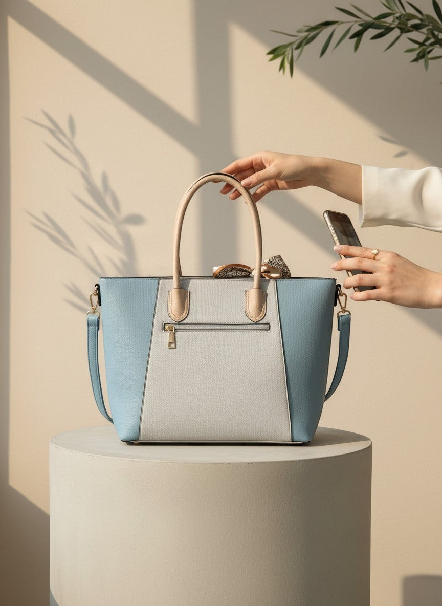 Пастелна трицветна шопър чанта от еко кожа на Benny Boutique с копринен шал като акцент върху постамент.