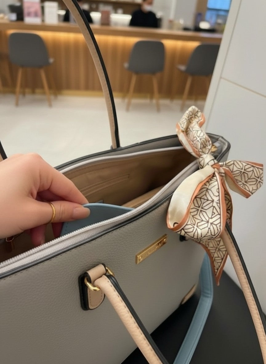 Пастелна трицветна шопър чанта от еко кожа на Benny Boutique с декоративен копринен шал и просторен интериор.