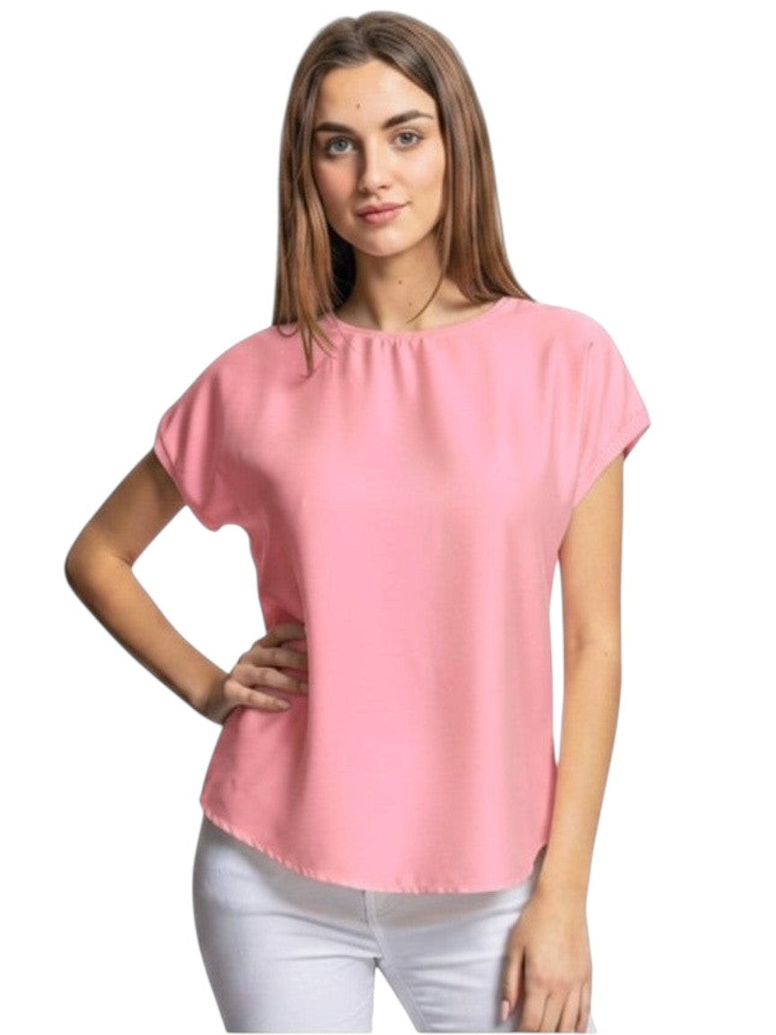 Benny Boutique блуза със сатенен ефект, къси ръкави, с кръгло деколте и свободна кройка.