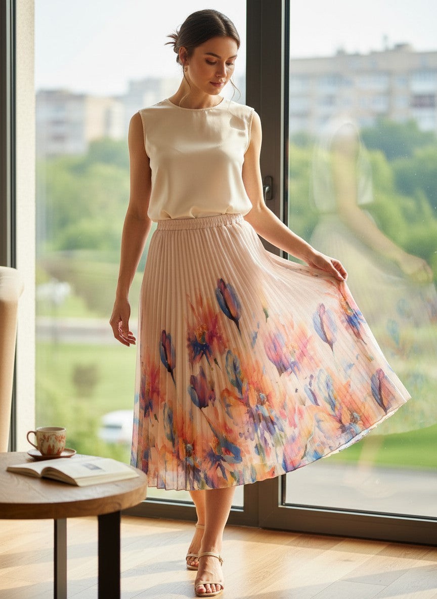 Benny Boutique плисирана миди пола в светло розово с жив принт акварелен цветен мотив в коралово, синьо и лилаво. Еластична талия.