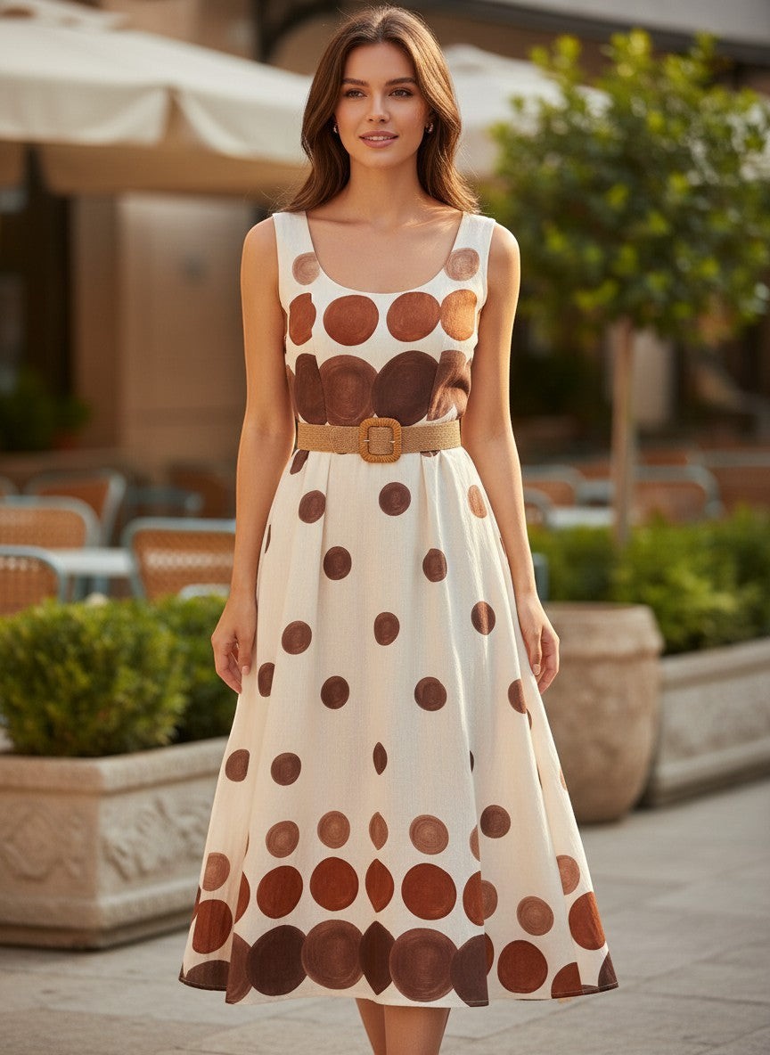 Benny Boutique миди рокля в кремаво с кафяви точки, с тъкан колан, без ръкави, с U‑образно деколте и ефирна пола.
