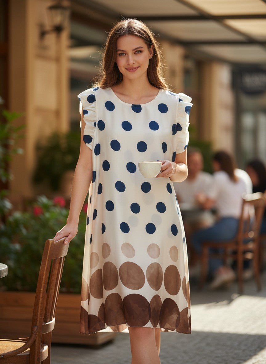 Къса бяла рокля на Benny Boutique с сини и кафяви точки и къдрени ръкави, носена от жена в кафене.