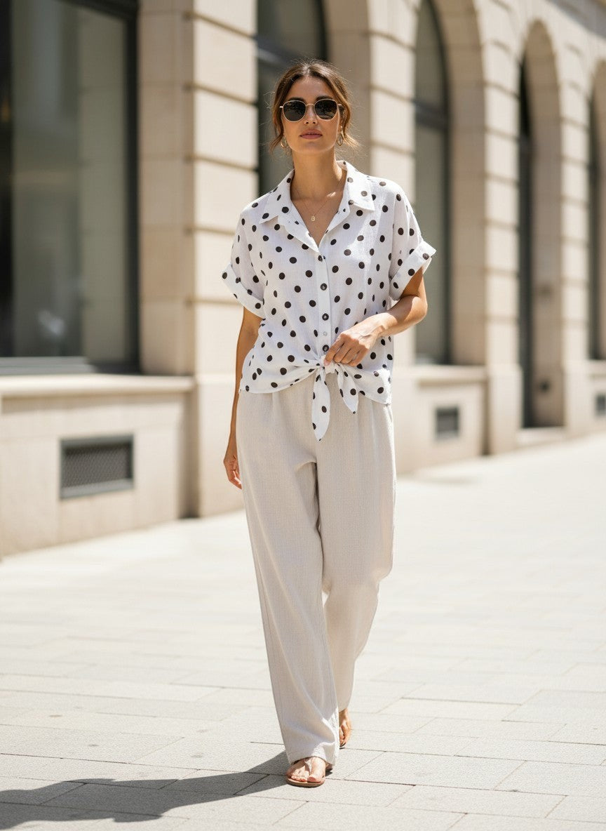 Benny Boutique бяла късръкавна риза с черни точки и предно връзване, носена с бежови панталони на градска улица.