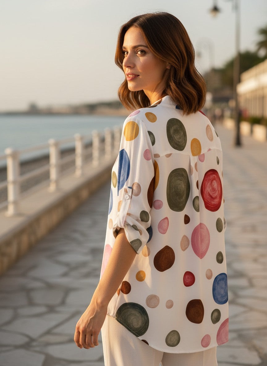 Benny Boutique свободна бяла риза с цветен артистичен точков принт, носена от жена на крайбрежна алея.