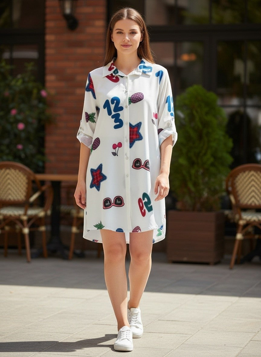 Benny Boutique бяла риза-рокля с цветен поп арт принт, включващ цифри, ананаси, череши и слънчеви очила. Навити ръкави.