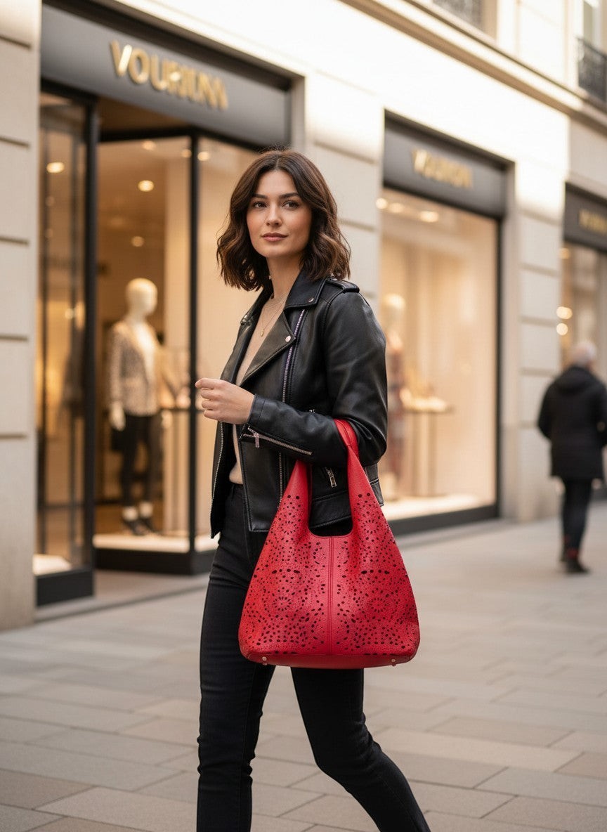 Червена хобо чанта от еко кожа с лазерно изрязване и флорални мотиви на Benny Boutique, носена от жена на градска улица.