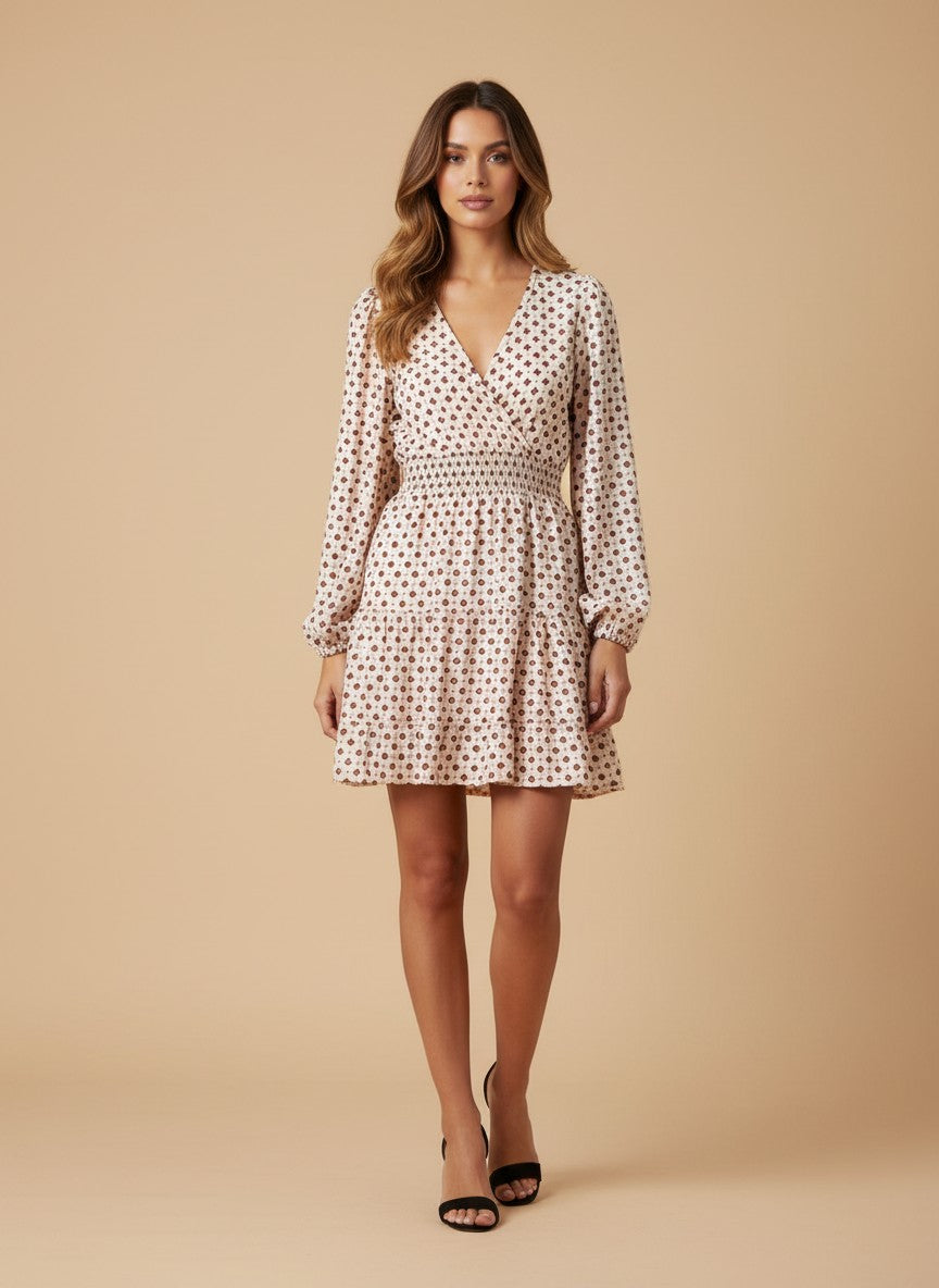 Мини рокля Benny Boutique с ретро принт, V-образно деколте, дълги ръкави и ластик на талията, представена върху моделка.