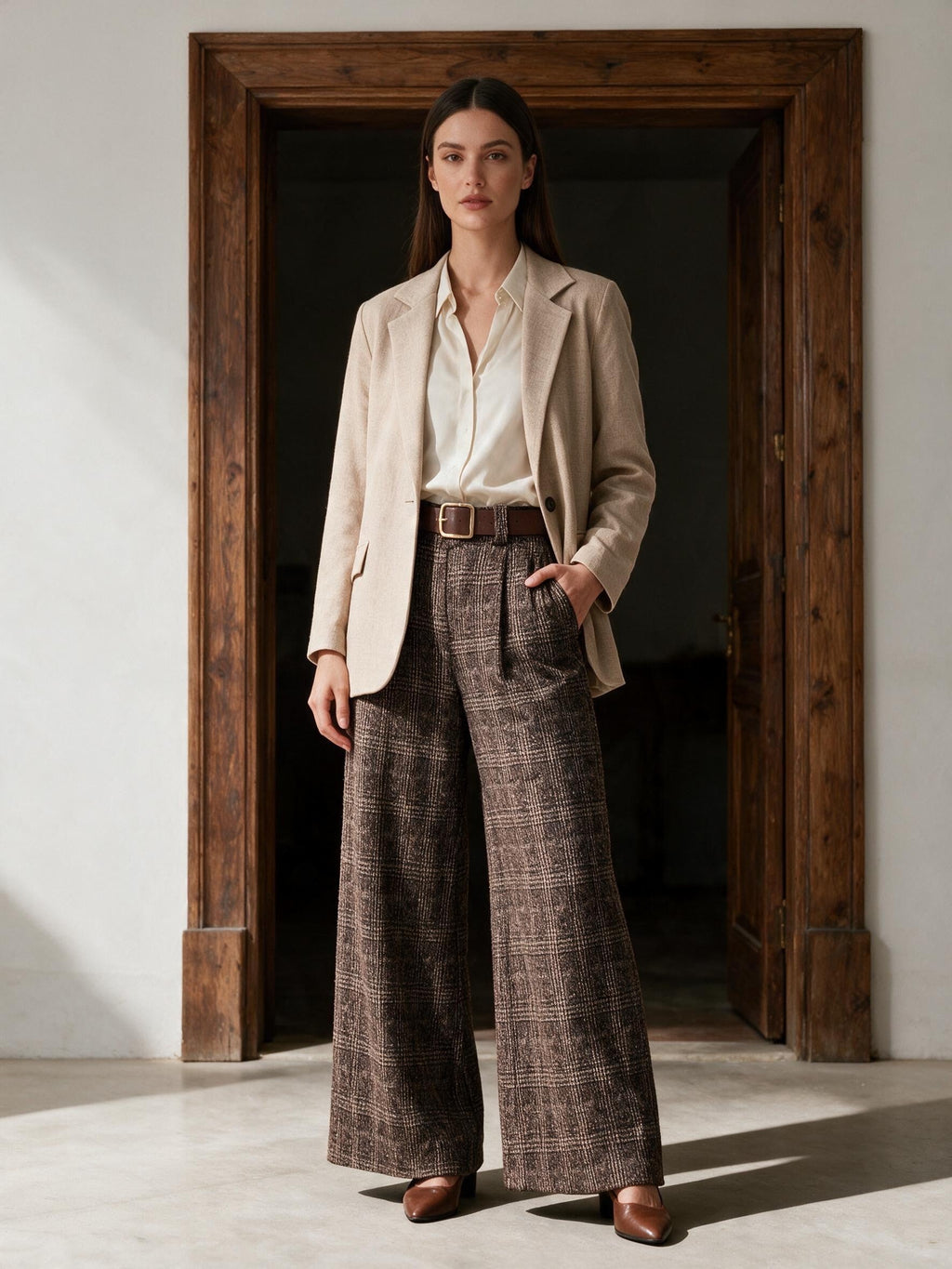 Санджевобежово меланжирано сако от Benny Boutique с класически ревери и едно черно копче, съчетано с панталон с широки крачоли.