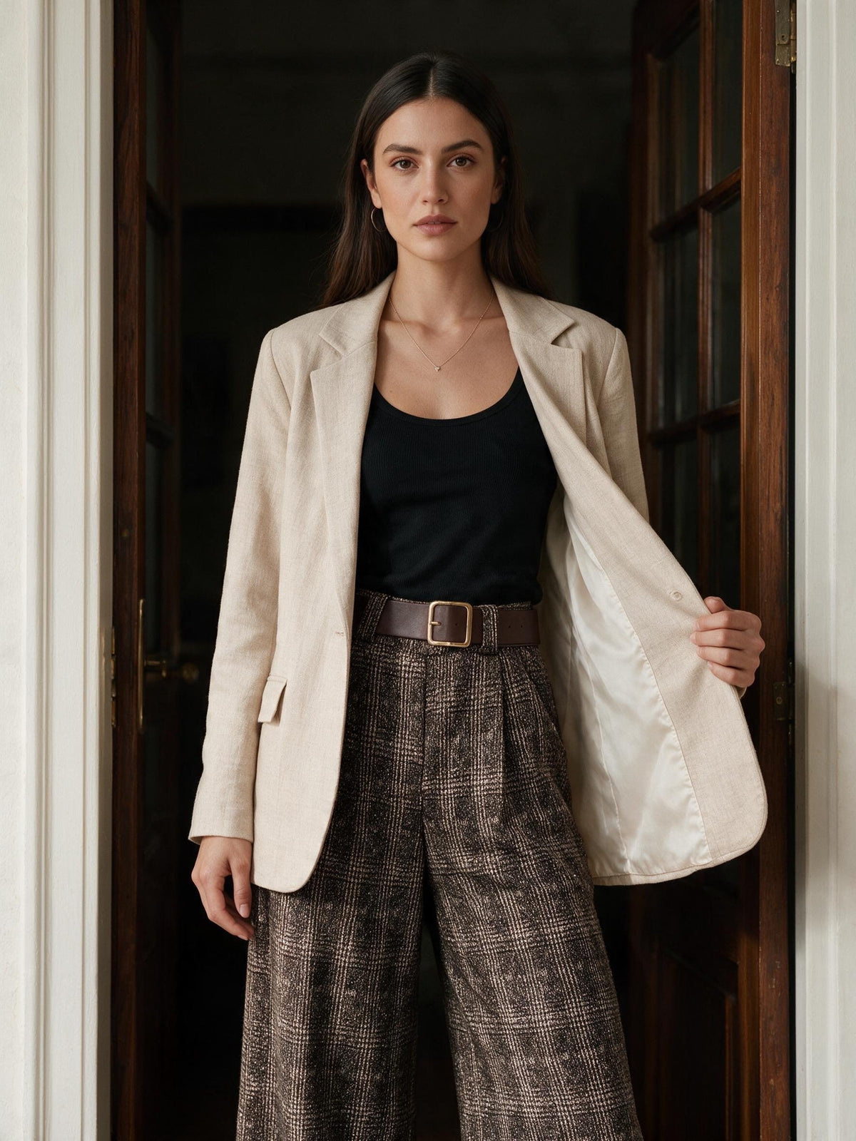 Бежово меланжирано сако от Benny Boutique с класически ревери и едно черно копче, облечено от жена, застанала на входа.