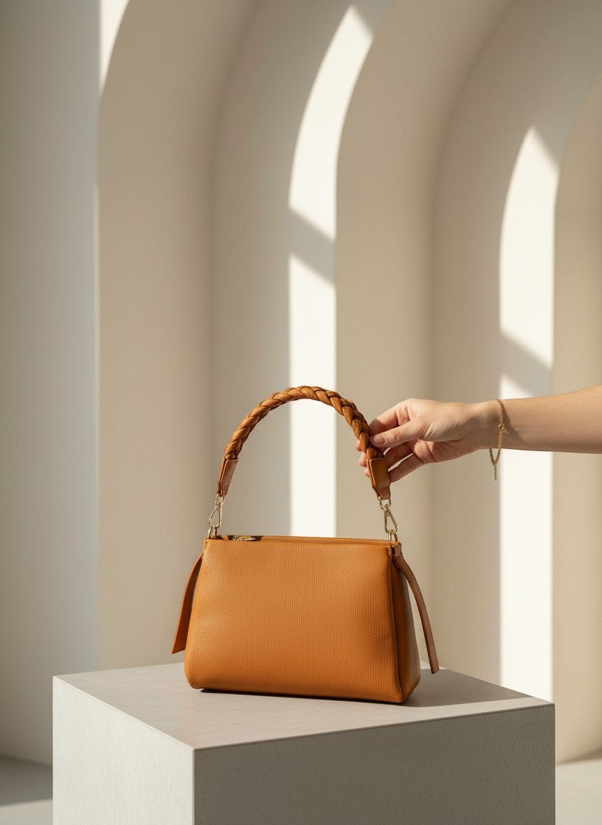 Кафява структурирана чанта от еко кожа на Benny Boutique с оплетена горна дръжка, държана пред минималистичен арков фон.